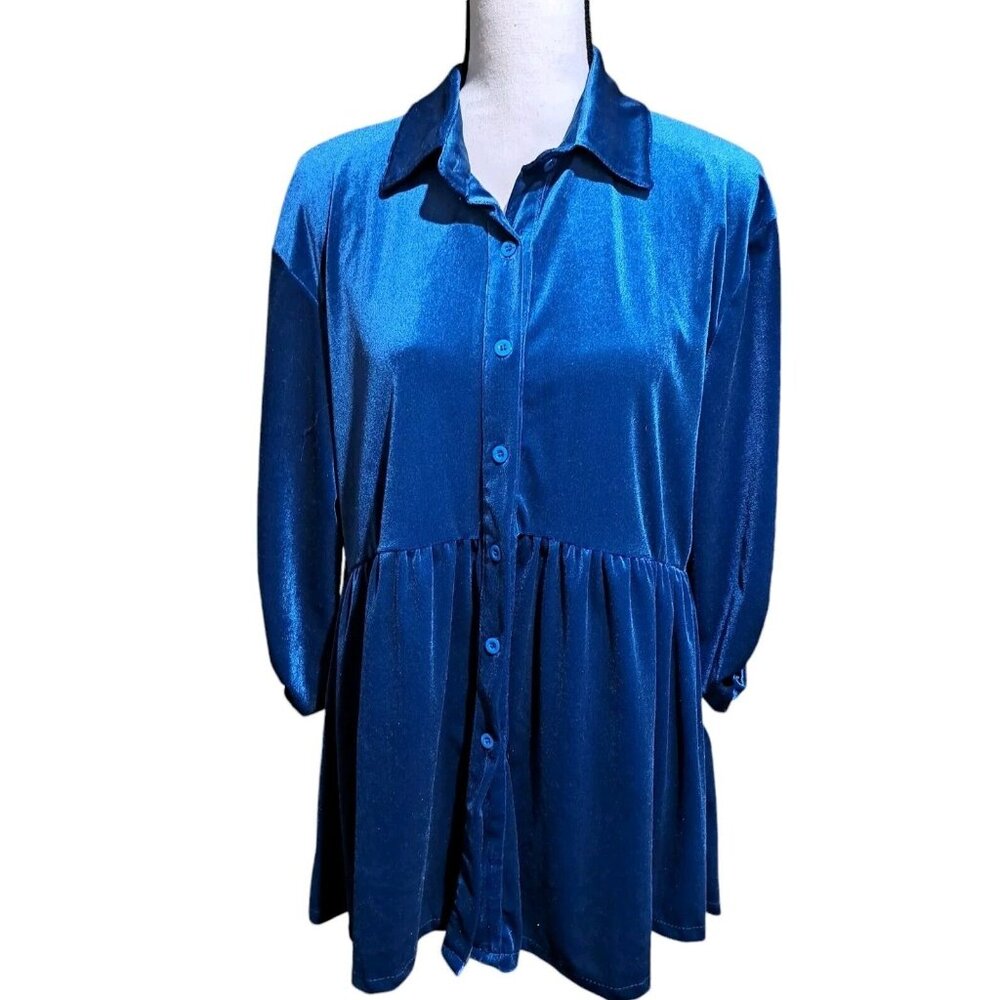Teal Velvet Shirt Waist Dress SZ Large Button Up Poofy 3/4 Sleeve Knee Length